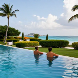 Caribbean Holidays, May Couples Holidays, Couple relaxing beside an infinity pool at a Caribbean resort in Saint Kitts, tropical gardens and distant sea views