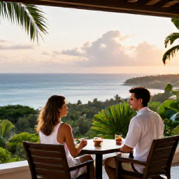 Caribbean Holidays, May Couples Holidays, Couple relaxing on a hotel terrace overlooking the Caribbean Sea in Trinidad and Tobago, tropical greenery and warm evening light