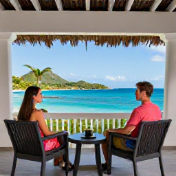 Caribbean Holidays, May Couples Holidays, Couple relaxing on a shaded terrace at a Caribbean hotel in the United States Virgin Islands, palms and ocean view