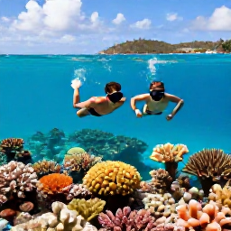 Caribbean Holidays, May Couples Holidays, Couple snorkelling above colourful coral reef in clear turquoise water near Saint John, United States Virgin Islands