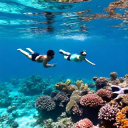 Caribbean Holidays, May Couples Holidays, Couple swimming and snorkelling above a colourful coral reef in the clear shallow waters of Turks and Caicos