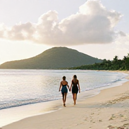 Caribbean Holidays, May Couples Holidays, Couple walking hand in hand along a quiet golden beach in Saint Kitts at sunset, with calm Caribbean water and green hills in the distance