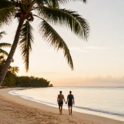 Caribbean Holidays, May Couples Holidays, Couple walking hand in hand along a quiet golden beach in Trinidad and Tobago at sunset, tropical palms and calm sea