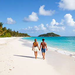 Caribbean Holidays, May Couples Holidays, Couple walking hand in hand along a quiet white-sand beach in Saint John, United States Virgin Islands, warm May sunshine and turquoise sea