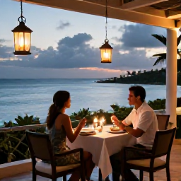 Caribbean Holidays, May Couples Holidays, Elegant beachfront restaurant in Saint Kitts with a couple dining outdoors at dusk, soft lantern light and the Caribbean Sea beyond