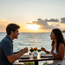 Caribbean Holidays, May Couples Holidays, Romantic outdoor restaurant overlooking the Caribbean Sea in Saint Thomas, couple enjoying dinner at sunset