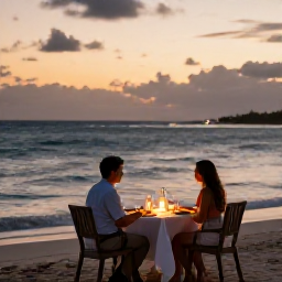 Caribbean Holidays, May Couples Holidays, Romantic seaside dinner for two on a Saint Martin beach at sunset, neatly set table, glowing candles and gentle waves