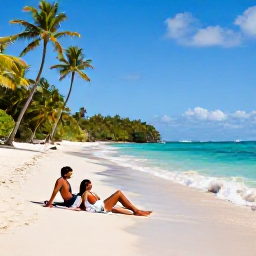 Caribbean Holidays, May Couples Holidays, Romantic tropical beach in Tobago with soft white sand, turquoise water, palm trees and a couple relaxing near the shoreline