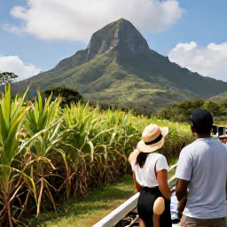 Caribbean Holidays, May Couples Holidays, Scenic railway journey through lush sugar cane fields on Saint Kitts, with Mount Liamuiga rising behind and a couple enjoying the view