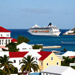 Caribbean Holidays, May Cruises, Colourful Charlotte Amalie waterfront in St Thomas, with historic buildings, palm trees and cruise ships in the harbour