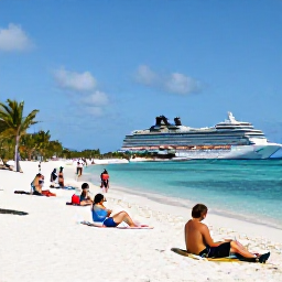 Caribbean Holidays, May Cruises, Cruise passengers relaxing on the white sands of Governor's Beach on Grand Turk, with clear turquoise water and palm trees