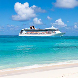 Caribbean Holidays, May Cruises, Elegant cruise ship approaching the turquoise waters and white sand shoreline of Grand Turk, Turks and Caicos, under a bright May sky