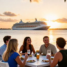 Caribbean Holidays, May Cruises, Friendly travellers dining at a waterside restaurant in Grand Turk at sunset, with a cruise ship in the background