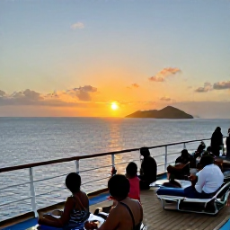 Caribbean Holidays, May Cruises, Relaxed passengers enjoying an outdoor cruise deck at sunset, with the Caribbean Sea and island silhouettes in the background