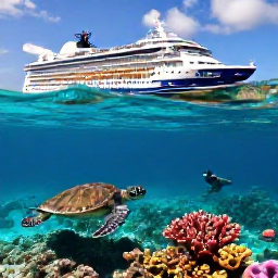 Caribbean Holidays, May Cruises, Snorkellers exploring a colourful coral reef beside a sea turtle in the clear waters of Grand Turk, Turks and Caicos