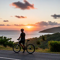 Caribbean Holidays, May Cycling Holidays, A cyclist enjoying a roadside viewpoint over the Caribbean Sea at sunset, with a bicycle in the foreground and tropical hills beyond