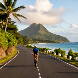 Caribbean Holidays, May Cycling Holidays, A cyclist riding along a quiet tropical coastal road on Saint Vincent, with turquoise sea, green hills and warm morning light