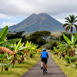 Caribbean Holidays, May Cycling Holidays, A scenic cycle route through lush Saint Vincent countryside, with banana plantations, palm trees and volcanic mountains in the distance