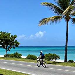 Caribbean Holidays, May Cycling Holidays, Cyclist on a quiet coastal road beside turquoise sea and palm trees in Tobago