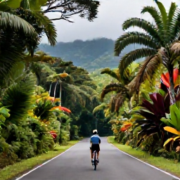 Caribbean Holidays, May Cycling Holidays, Cyclist travelling along a green rainforest road in Trinidad with tropical plants and mountain views