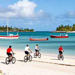 Caribbean Holidays, May Cycling Holidays, Cyclists arriving at a peaceful Grenadine harbour, with colourful boats, palm-fringed islands and clear blue water