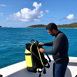 Caribbean Holidays, May Diving, Friendly dive instructor preparing scuba equipment beside a boat in a sunny British Virgin Islands harbour