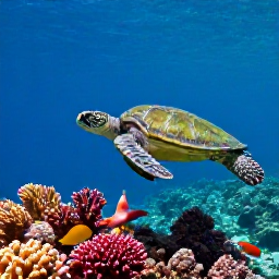 Caribbean Holidays, May Diving, Green sea turtle swimming above a colourful coral reef with tropical fish in the British Virgin Islands