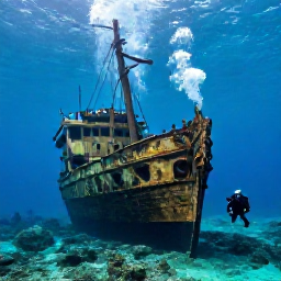 Caribbean Holidays, May Diving, Scuba divers exploring a historic shipwreck on a clear reef in the British Virgin Islands