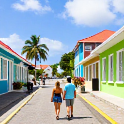Caribbean Holidays, May Escapes, Couple exploring a colourful Caribbean street in Philipsburg and Marigot during a sunny May holiday