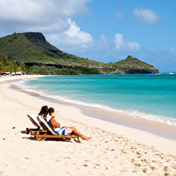 Caribbean Holidays, May Escapes, Couple relaxing on a quiet golden beach in Saint Kitts, turquoise water, shaded loungers and green volcanic hills in the background
