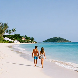 Caribbean Holidays, May Escapes, Couple walking along a peaceful Caribbean beach in the British Virgin Islands during a warm May morning