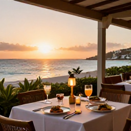 Caribbean Holidays, May Escapes, Elegant adults-only resort restaurant in Sint Maarten at sunset, with Caribbean dishes, cocktails and ocean views