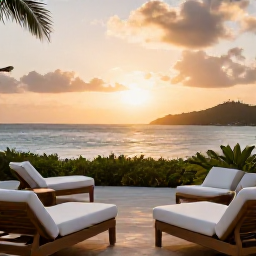 Caribbean Holidays, May Escapes, Elegant adults-only resort terrace overlooking the Caribbean Sea at sunset on Tortola, British Virgin Islands