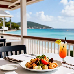 Caribbean Holidays, May Escapes, Fresh Caribbean seafood dinner and cocktails at an open-air restaurant overlooking the sea in the British Virgin Islands