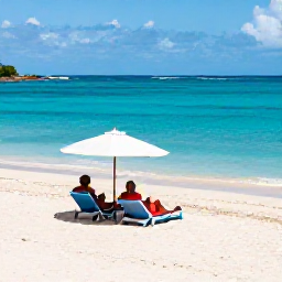 Caribbean Holidays, May Escapes, Quiet Caribbean beach on Saint Martin in May, with clear water, soft sand and two adults relaxing under a parasol