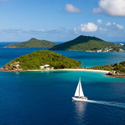 Caribbean Holidays, May Escapes, Sailing boat passing green islands and sheltered bays in the British Virgin Islands on a sunny May day