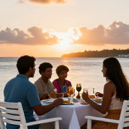 Caribbean Holidays, May Family Holidays, A family enjoying an outdoor Caribbean dinner at a relaxed waterfront restaurant in the British Virgin Islands at sunset