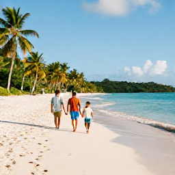 Caribbean Holidays, May Family Holidays, A family walking along a bright white Caribbean beach in the British Virgin Islands, calm turquoise sea, palm trees and warm May sunshine