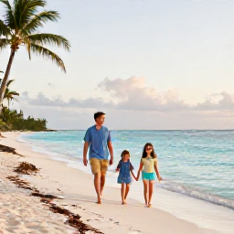 Caribbean Holidays, May Family Holidays, A happy family walking along a calm Caribbean beach in May, palm trees, warm turquoise sea and soft morning sunlight
