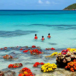 Caribbean Holidays, May Family Holidays, Children swimming and snorkelling in clear shallow water beside a colourful reef in the British Virgin Islands