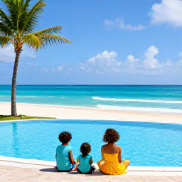 Caribbean Holidays, May Family Holidays, Family relaxing beside a Caribbean resort pool overlooking a sandy beach, bright sunshine and gentle tropical surroundings