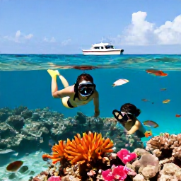 Caribbean Holidays, May Family Holidays, Family snorkelling in clear Caribbean water near a colourful reef, tropical fish, sunny sky and a boat in the background