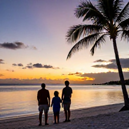 Caribbean Holidays, May Family Holidays, Family watching a colourful Caribbean sunset from a sandy beach, calm sea, silhouettes of palm trees and warm evening light