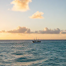 Caribbean Holidays, May Fishing, A calm turquoise sea around Providenciales in the Turks and Caicos Islands at sunrise, with a small fishing boat heading offshore
