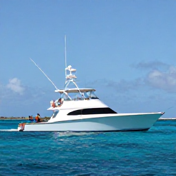Caribbean Holidays, May Fishing, A modern sport fishing boat with anglers casting lines over clear blue water near the islands of Turks and Caicos