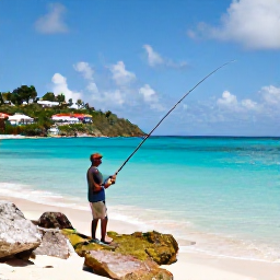 Caribbean Holidays, May Fishing, Angler casting from a rocky shoreline beside a quiet Caribbean beach on Saint Martin, with clear water and tropical scenery