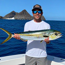 Caribbean Holidays, May Fishing, Angler holding a fresh mahi-mahi beside a charter boat in the Grenadines, clear blue sea and rugged island coastline
