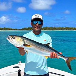 Caribbean Holidays, May Fishing, Angler holding a freshly caught fish beside a fishing charter boat, with bright turquoise water and low tropical islands in the background