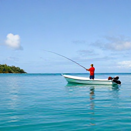 Caribbean Holidays, May Fishing, Angler in a small boat casting across calm turquoise Caribbean water near Saint Vincent and the Grenadines, sunny May morning