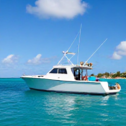 Caribbean Holidays, May Fishing, Anglers fishing from a modern boat in calm turquoise Caribbean waters around Saint Martin and Sint Maarten under bright May sunshine
